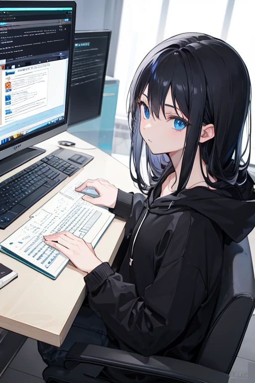 cute man with long black hair, wearing a black hooded sweatshirt, working on a computer, with his hands on the keyboard while looking at the computer screen 