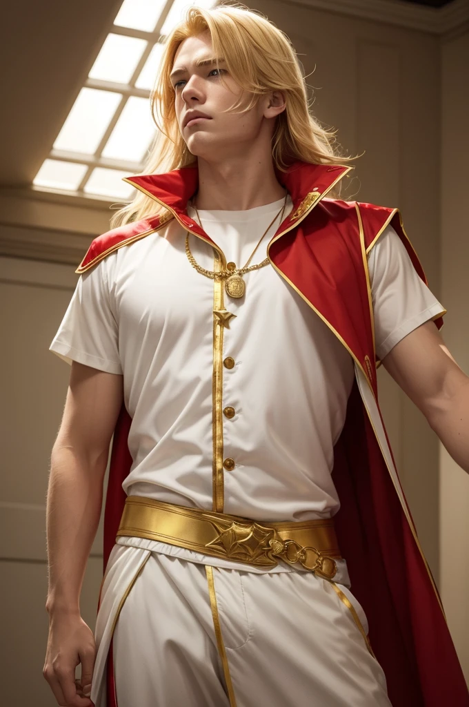 a handsome, attractive, slender, flirtatious prince, short blond hair, blue eyes,torso muscular,white royal medieval costume with blue details, in the background a huge white castle with dark blue roofs with many flags and a magic tower