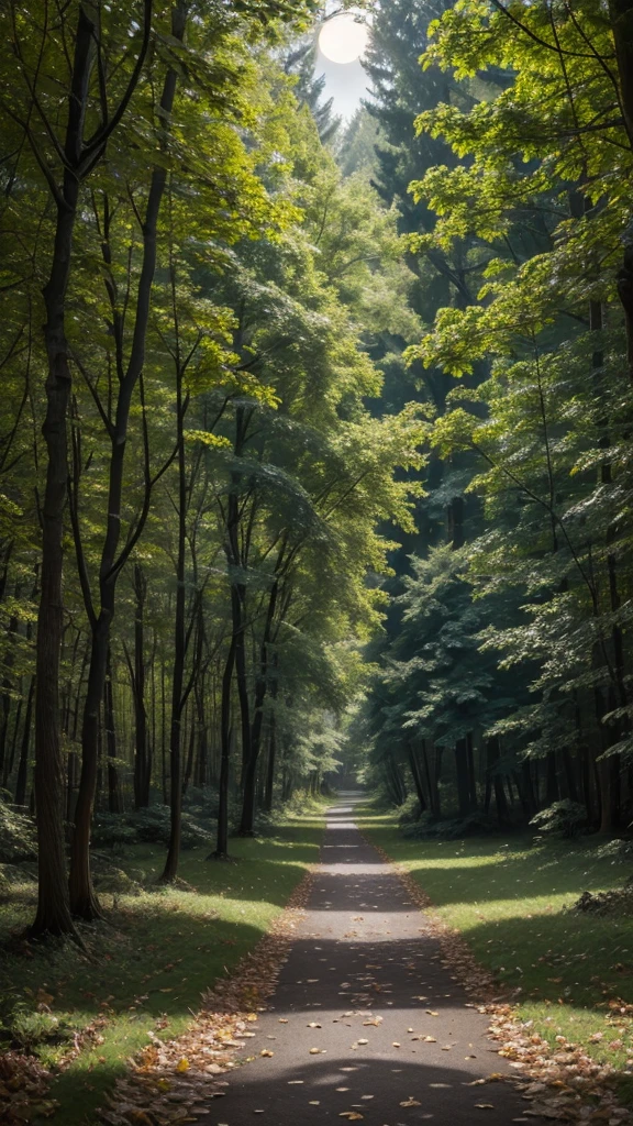 Capture a serene forest at dawn, the moonlight passing through the trees and illuminating a path covered in leaves. Add birds flying or perching on branches.