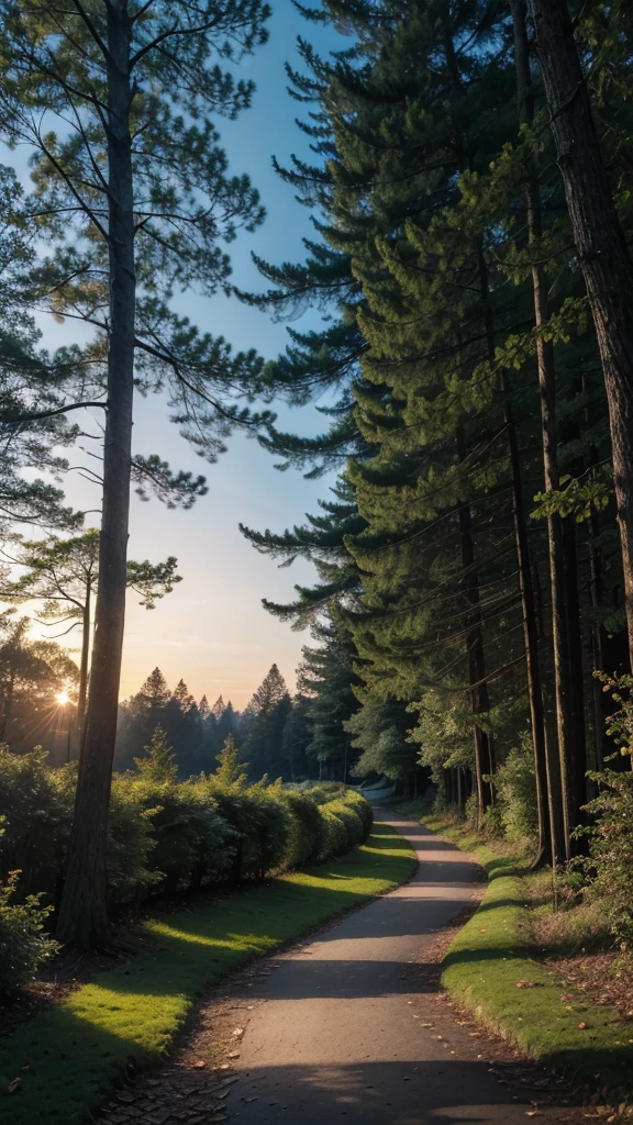 Capture a serene forest at dawn, the moonlight passing through the trees and illuminating a path covered in leaves. Add birds flying or perching on branches.