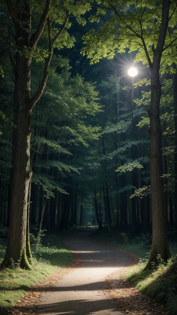 Capture a serene forest at dawn, the moonlight passing through the trees and illuminating a path covered in leaves. Add birds flying or perching on branches.