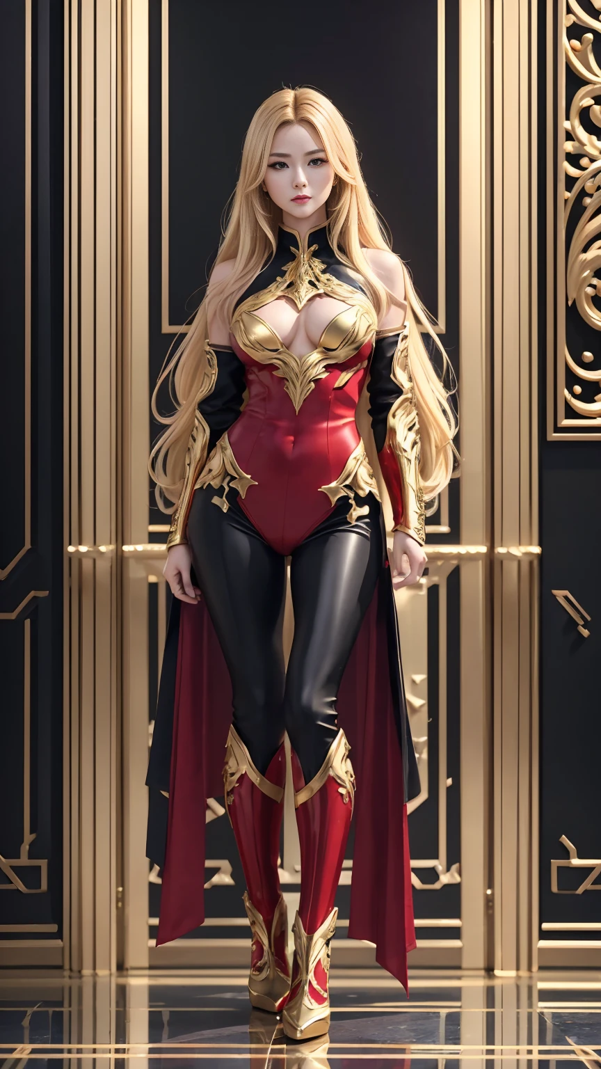 ((Full body photo, standing, feet on the ground)) ((8K, high image quality High image quality、Art: 1.4))、1 person、、Long blonde hair、gradient hair、Demon Hunter Super handsome 、Beautiful expression、Red lips, with small breasts、Perfect face shape、Runner body、Black and red sexy chest armor、Black and red pants and extended legs,With a wide variety, golden decoration, realistic proportions、dynamic pose、 Advanced details、complex、complex details、realistic eyes、realistic eyesのプロポーション、sharp focus、32k、realistic lighting、Extreme details、realistic student、realistic proportion eyes、realistic proportion students、realistic shadow、Evasion,
