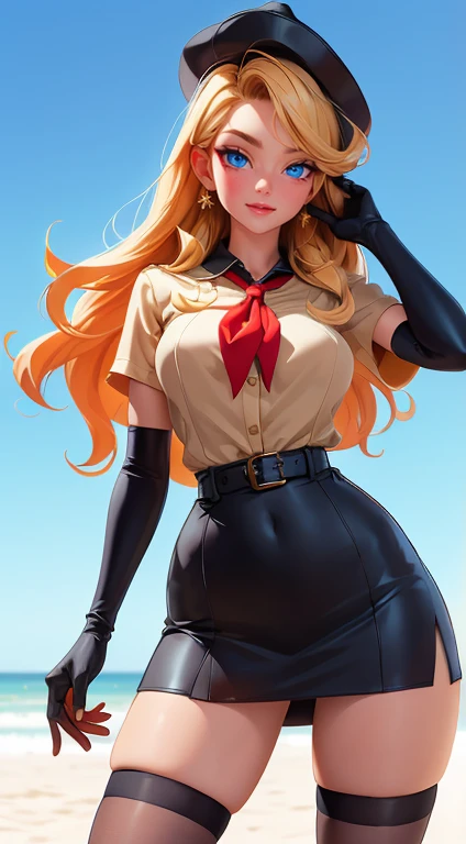 (back view, backside view),(masterpiece, best quality:1.4), absurdres, highres, ultra detailed, beautiful, 1girl, (secretary), (perfect face, detailed face, beautiful:1.3), (blue eyes, golden hair, bangs, hair intakes, long hair), (natural breasts, cleavage), collarbone, fingerless gloves, gloves, dress tight, over the knee dress, hat, navel, neckerchief, red neckerchief, elegant secretary dress outfit, thick thighs, thighs, multiple belts, More detailed 8K.motor irreal:1.4,UHD,La mejor calidad:1.4, fotorrealista:1.4, textura de la piel:1.4, obra maestra:1.8,obra-prima, mejor calidad,objeto Objeto], (detailed face features:1.3),(manos detailed)