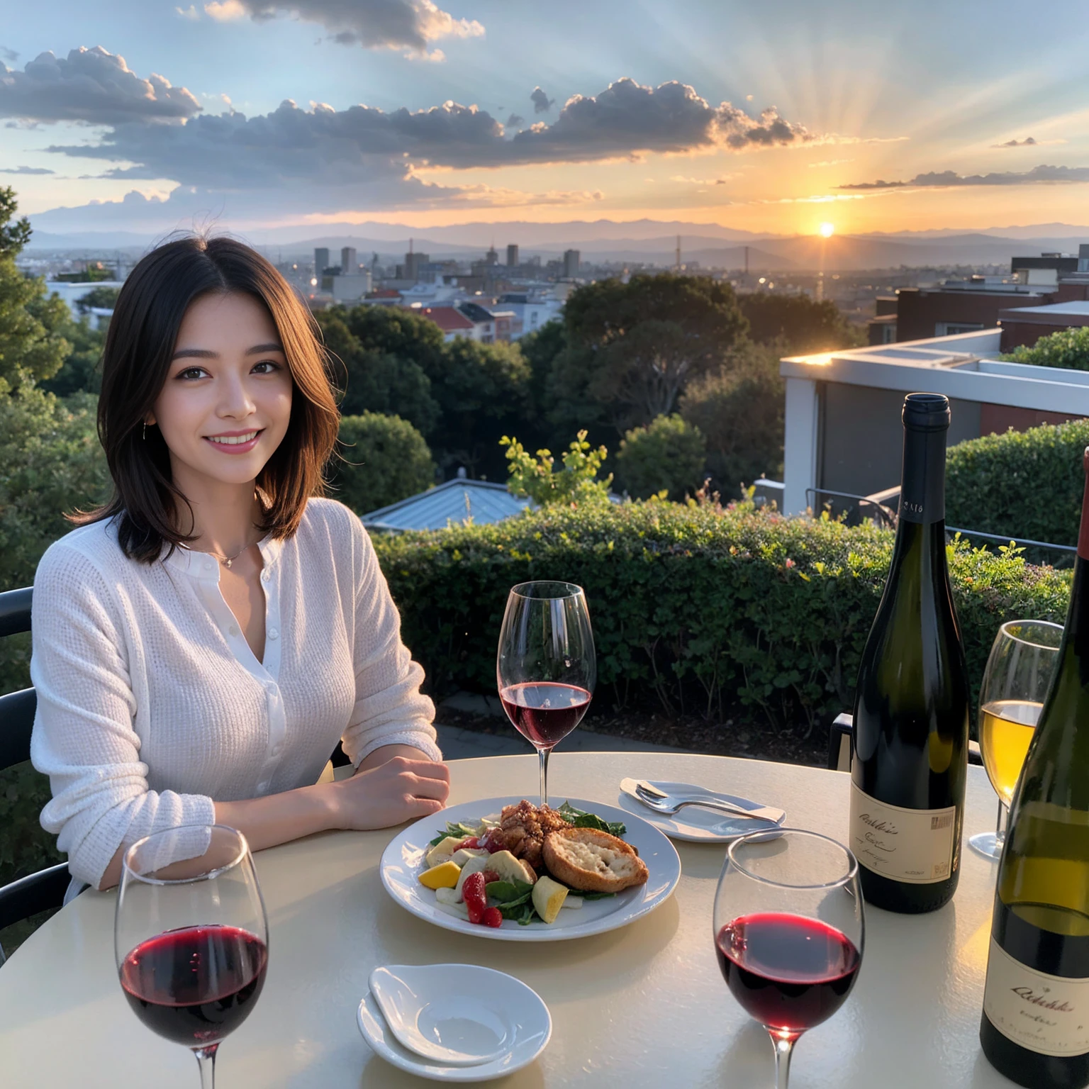 ((Highest quality、8K、masterpiece:1.3))、 (Ultra-realistic、 Genuine、Bright image、Intricate details:1.2), 最高のsmile、Wine Party、1 male、1 female、Beautiful couple、love love love、spouse、Female announcer、actress couple、smile、Full-course dinner at a packed table、 (Slim face), (the body is slim), (Brown Hair), (short hair), テーブルのwine glass、Please shine a light on my face、 Amazing view of the sunset sky and clouds、 39 years old, red wine 、Appetizers、Wine bottle、sparkling wine、Long sleeve shirt、dress、White wine, red wine, wine glass, 