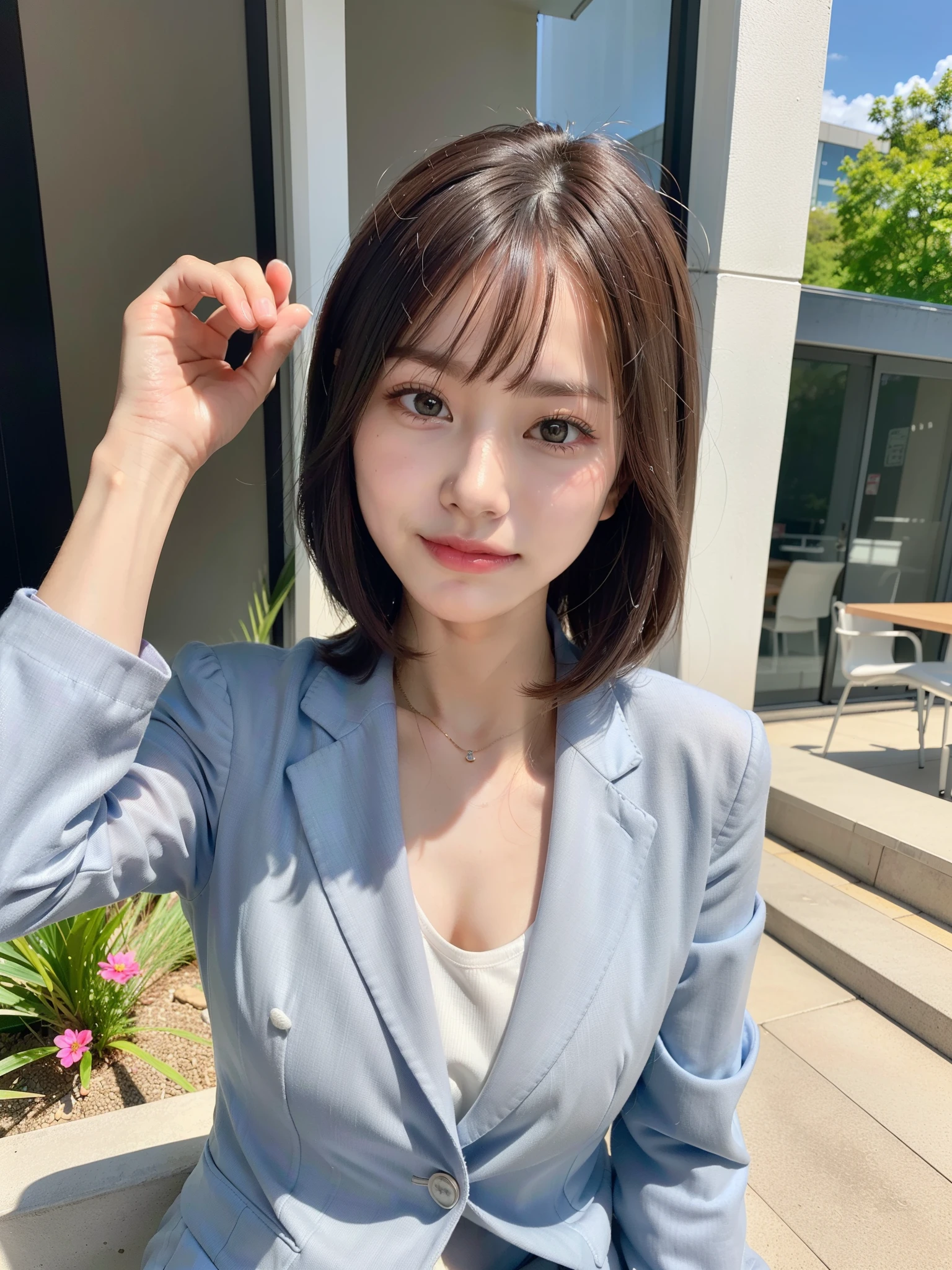 ((Best of the highest quality, 8k, Masterpiece, raw photo: 1.3)), Sharp focus: 1.2, (1 AESPA, slim body type female, 21 y/o: 1.1), (Solo: 1.2), (realistic, photo-realistic:1.37), face focus, cute face, finely eyes, (droopy eyes: 1.32), (Emphasize prominent aegyo-sal with bright: 1.2), shimmering eyeshadow applied under the lower lash line, paired with thick, (small breasts, flat chest: 1.3), (short messy hair, bangs: 1.2), (business suit: 1.28), sitting terrace office, sun light, flower, arms up,