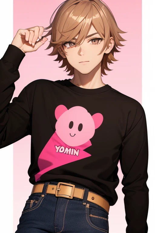 Gumball Handsome 18 year old boy with blonde brown hair, with a pink streak, light skin, pierced ears, honey brown eyes, open pink sweatshirt, black shirt with a candy castle print, black belt, red jeans, looking directly at the viewer on a white background.