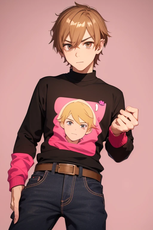 Gumball Handsome 18 year old boy with blonde brown hair, with a pink streak, light skin, pierced ears, honey brown eyes, open pink sweatshirt, black shirt with a candy castle print, black belt, red jeans, looking directly at the viewer on a white background.