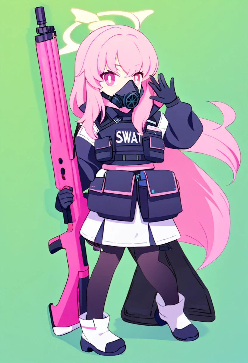 1 girl, pink long hair, Black swat vest, wear Black gloves, Wearing a gas mask, White skirt, pink sweater, pink pupils, holding a pink assault rifle, full body-view, blue archive style, green backgrounds.