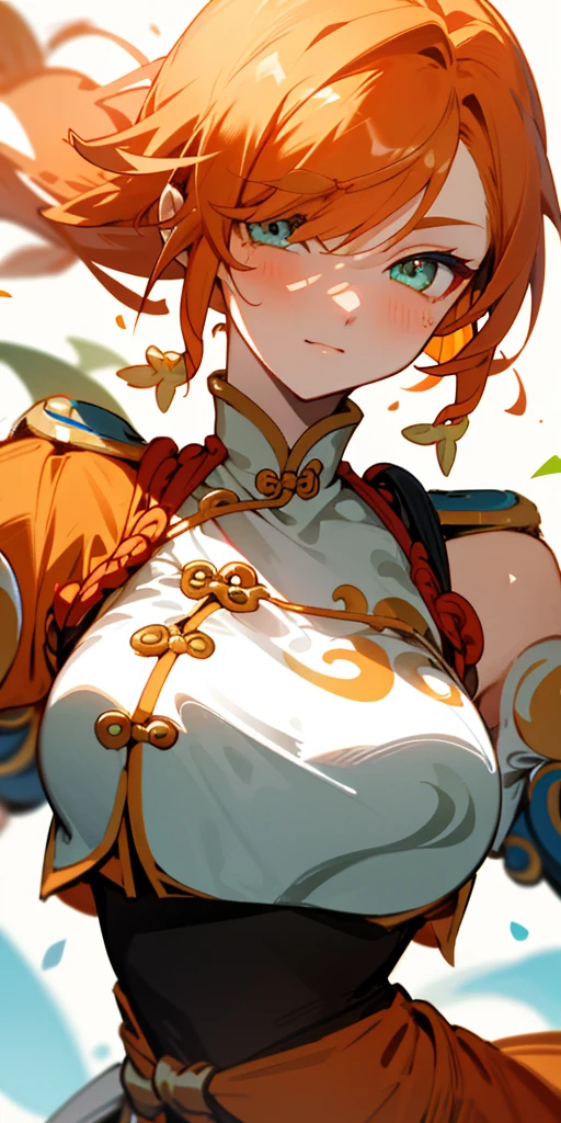 1 girl、one person、skinny body shape、orange clothes、orange hair、beautiful green eyes、intense joy on the face、white uniform with golden decorations、upper body close-up, style of Chun-li clothes