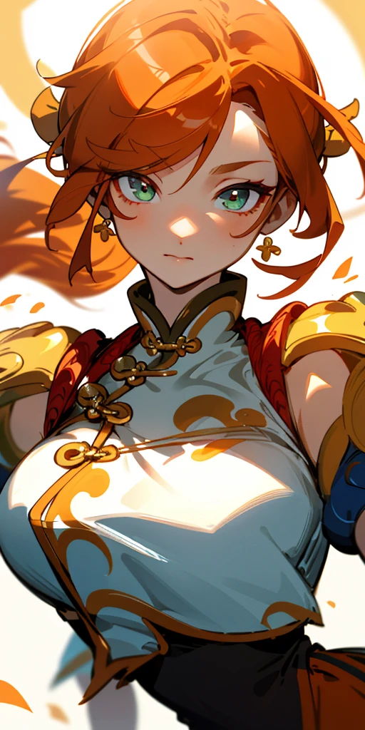 1 girl、one person、skinny body shape、orange clothes、orange hair、beautiful green eyes、intense joy on the face、white uniform with golden decorations、upper body close-up, style of Chun-li clothes