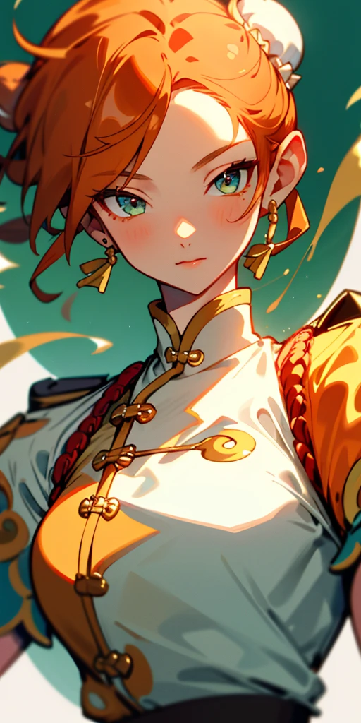 1 girl、one person、skinny body shape、orange clothes、orange hair、beautiful green eyes、intense joy on the face、white uniform with golden decorations、upper body close-up, style of Chun-li clothes