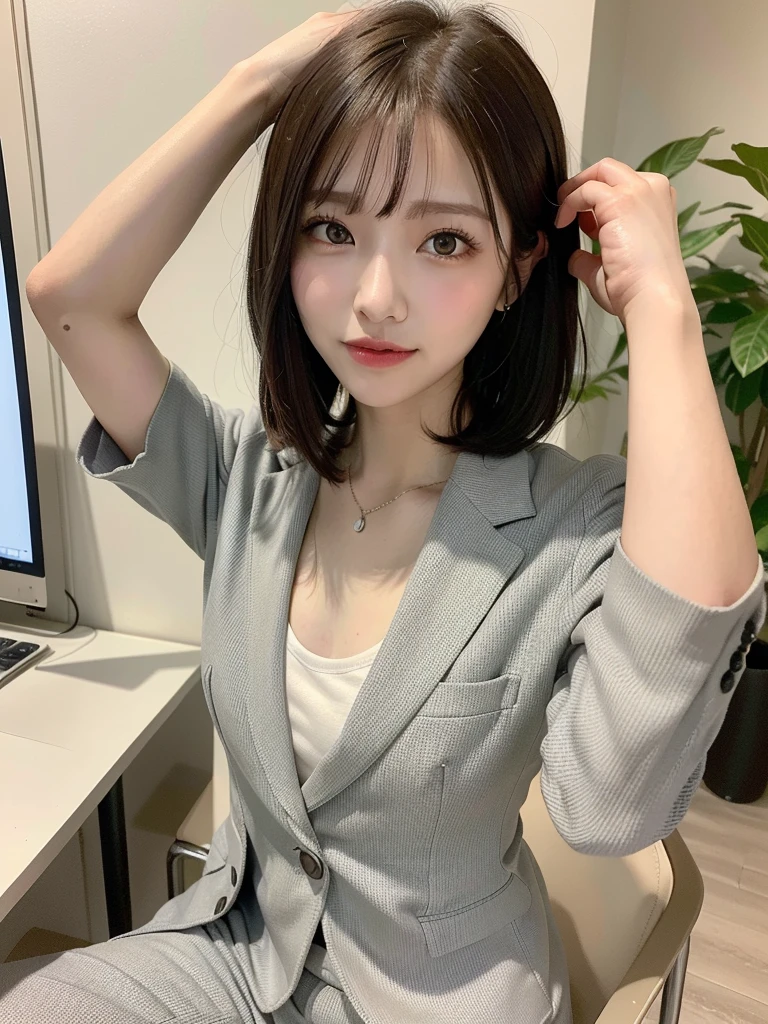 ((Best of the highest quality, 8k, Masterpiece, raw photo: 1.3)), Sharp focus: 1.2, (1 AESPA, slim body type female, 21 y/o: 1.1), (Solo: 1.2), (realistic, photo-realistic:1.37), face focus, cute face, finely eyes, (droopy eyes: 1.32), (Emphasize prominent aegyo-sal with bright: 1.2), shimmering eyeshadow applied under the lower lash line, paired with thick, (small breasts, flat chest: 1.3), (short messy hair, bangs: 1.2), (business suit: 1.28), sitting terrace office, sun light, flower, arms up,