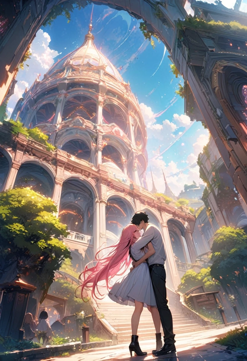 (couple), girl and boy, boy kiss girl's forehead, sky, rich in detail, embrace, happy expression, love, super wide angle, 1girl, (((masterpiece, best quality, scenery, aesthetic, heavenly))), ((girl with red eyes, vibrant pink long hair)), ((intimate)), 1boy, ((boy with green eyes, short black curly hair, slightly taller))

