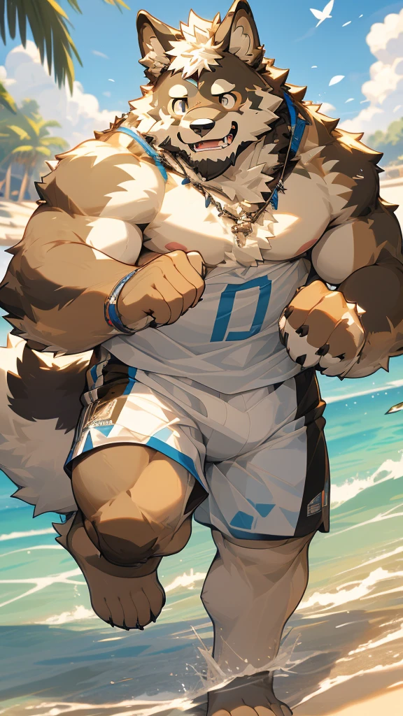 shoichi urata (tennis ace), male, muscular, siberian husky, husky, canid, fluffy, standing, beach, claws, paw, low angle view, long hair, white sclera, green eyes, front view, (by clockhandsat, clockhands,) grey primary fur, white secondary fur, moonlight, moon in background, by virtyalfobo, by anchee, by snowskau, by foxovh, by sabretoothed ermine, (intricate, high detail, film photography, soft focus, RAW candid cinema, photorealism, realistic, photorealistic, analog style, subsurface scattering, masterpiece, best quality, ultra realistic, 8k),