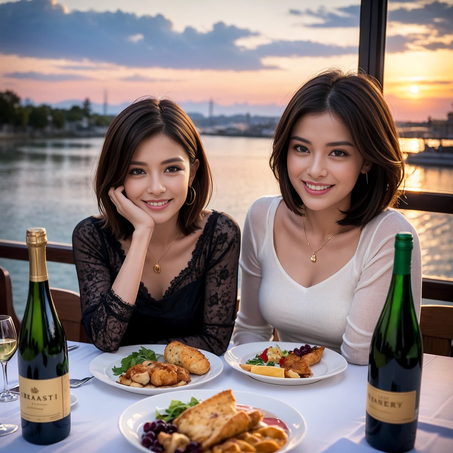 ((Highest quality、8K、masterpiece:1.3))、 (Ultra-realistic、 Genuine、Bright image、Intricate details:1.2), 最高のsmile、1 male、1 female、Beautiful couple、love love love、spouse、spouse、Good friends、actress couple、smile、Full-course dinner at a packed table、 (Slim face), (the body is slim), (Brown Hair), (short hair), テーブルのwine glass、Please shine a light on my face、 Amazing view of the sunset sky and clouds、 39 years old, red wine 、Appetizers、Wine bottle、sparkling wine、Long sleeve shirt、dress、White wine, red wine, wine glass,