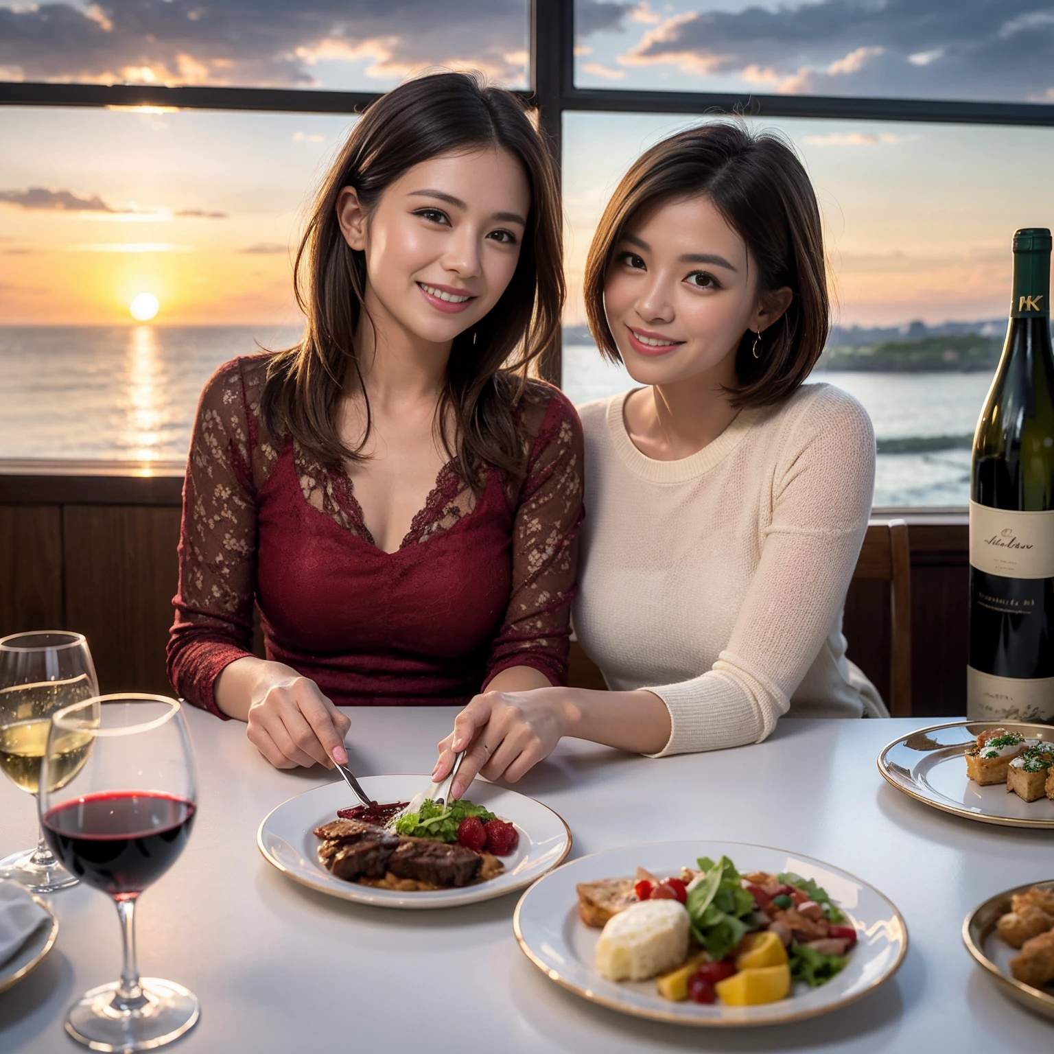 ((Highest quality、8K、masterpiece:1.3))、 (Ultra-realistic、 Genuine、Bright image、Intricate details:1.2), 最高のsmile、1 male、1 female、Beautiful couple、love love love、spouse、spouse、Good friends、actress couple、smile、Full-course dinner at a packed table、 (Slim face), (the body is slim), (Brown Hair), (short hair), テーブルのwine glass、Please shine a light on my face、 Amazing view of the sunset sky and clouds、 39 years old, red wine 、Appetizers、Wine bottle、sparkling wine、Long sleeve shirt、dress、White wine, red wine, wine glass, 