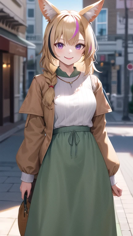 masterpiece, best quality, highres, op1, animal ears, fox tail, streaked hair, brown jacket, white shirt, long sleeves, long skirt, jewelry, green skirt, standing, smile, street, cowboy shot