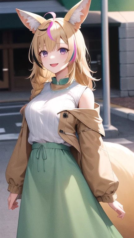 masterpiece, best quality, highres, op1, animal ears, fox tail, streaked hair, brown jacket, white shirt, long sleeves, long skirt, jewelry, green skirt, standing, smile, street, cowboy shot