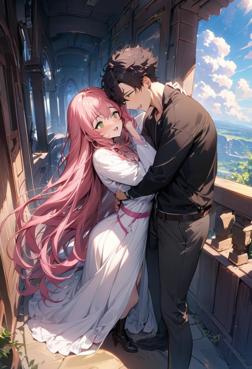 (couple), girl and boy, sky, rich in detail, embrace, happy expression, love, super wide angle, 1girl, (((masterpiece, best quality, scenery, aesthetic, heavenly))), ((girl with red eyes, vibrant pink long hair)), ((intimate)), 1boy, ((boy with green eyes, short black curly hair, slightly taller))