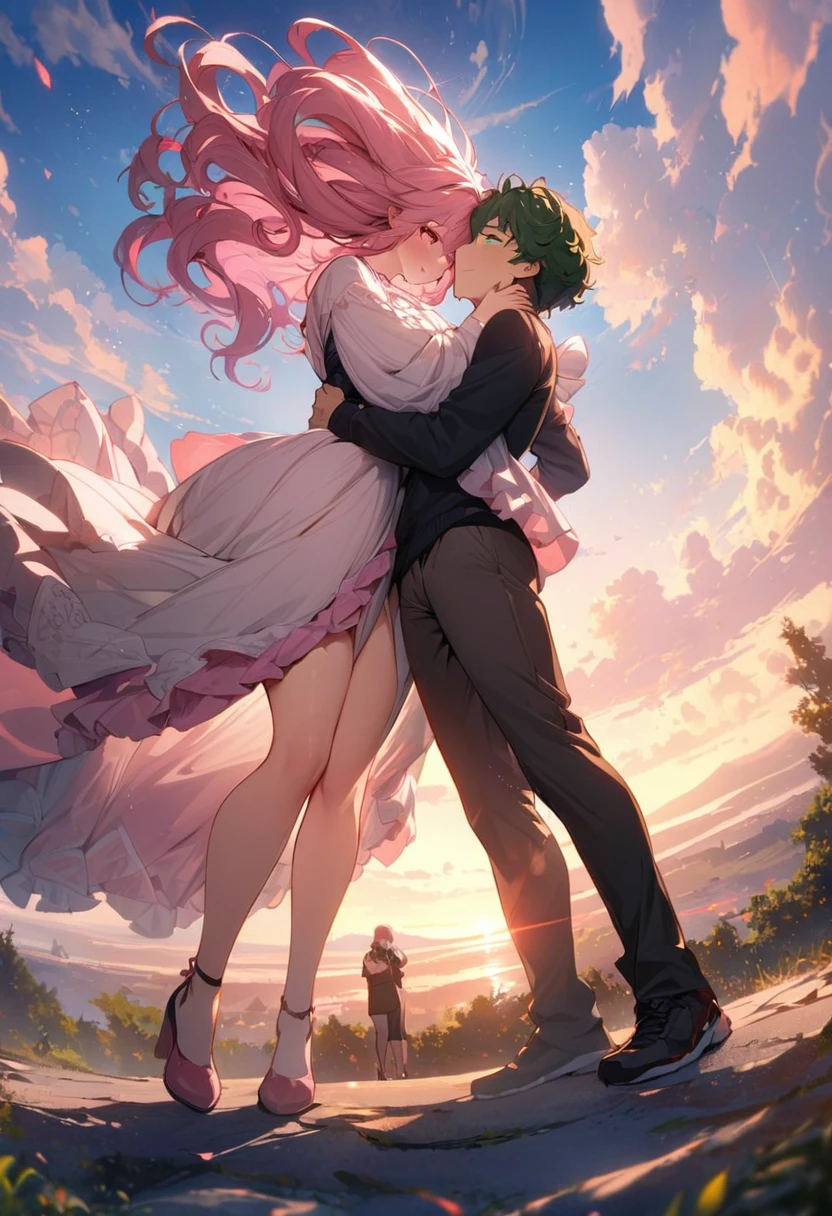 (couple), girl and boy, sky, rich in detail, embrace, happy expression, love, super wide angle, 1girl, (((masterpiece, best quality, scenery, aesthetic, heavenly))), ((girl with red eyes, vibrant pink long hair)), ((intimate)), 1boy, ((boy with green eyes, short black curly hair, slightly taller))