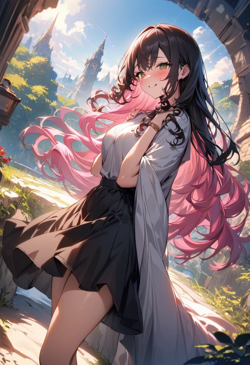 (couple), girl and boy, sky, rich in detail, embrace, happy expression, love, super wide angle, 1girl, (((masterpiece, best quality, scenery, aesthetic, heavenly))), ((girl with red eyes, vibrant pink long hair)), ((intimate)), 1boy, ((boy with green eyes, short black curly hair, slightly taller))
