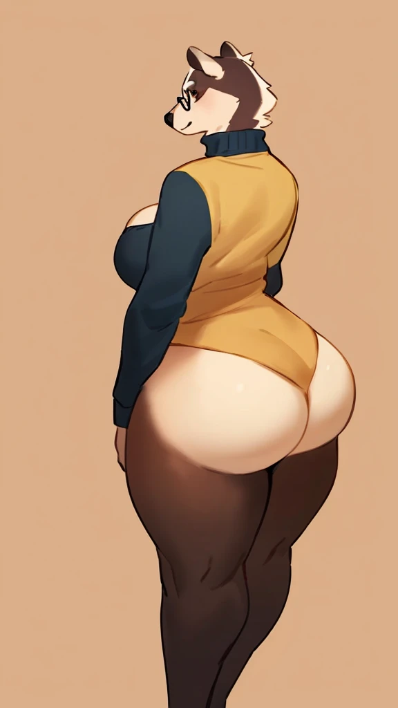 By bebebebebe, by lostgoose, by goonie-san, solo, standing, female,badger, tan skin, dark tan, dark brown eyes, glasses, turtleneck, cleavage,bbw,big booty,pear shape