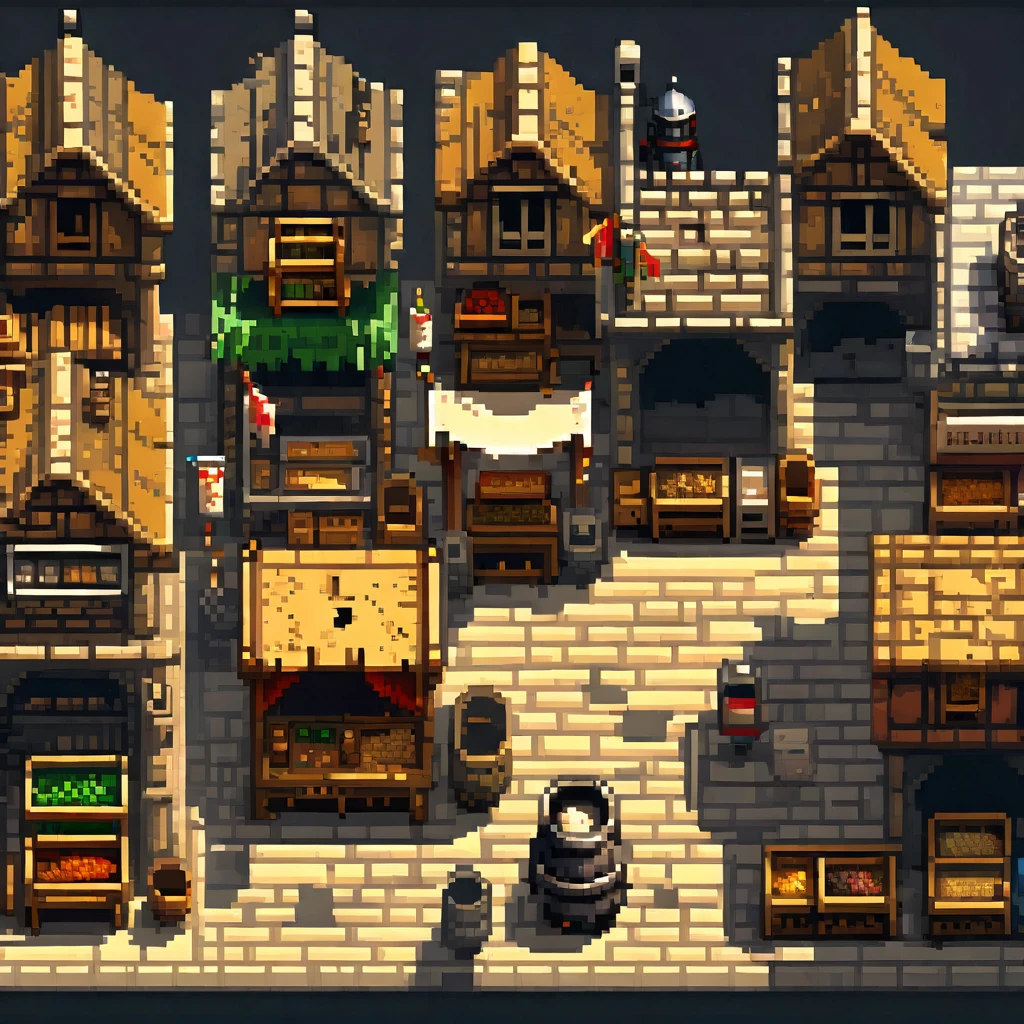 pixel art, Pixelated scene of a bustling medieval market, bright kiosks, bright characters, realistic textures, attention to detail in every pixel, Reminiscent of classic 16-bit RPGs, Shot on Nikon D3, Focal length 35mm HD 2D pixel art :: pixelart style :: pixels
