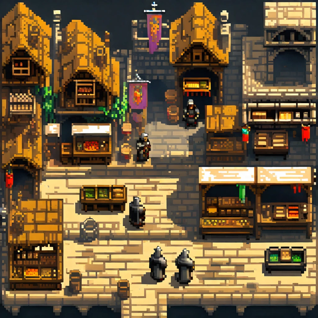 pixel art, Pixelated scene of a bustling medieval market, bright kiosks, bright characters, realistic textures, attention to detail in every pixel, Reminiscent of classic 16-bit RPGs, Shot on Nikon D3, Focal length 35mm HD 2D pixel art :: pixelart style :: pixels