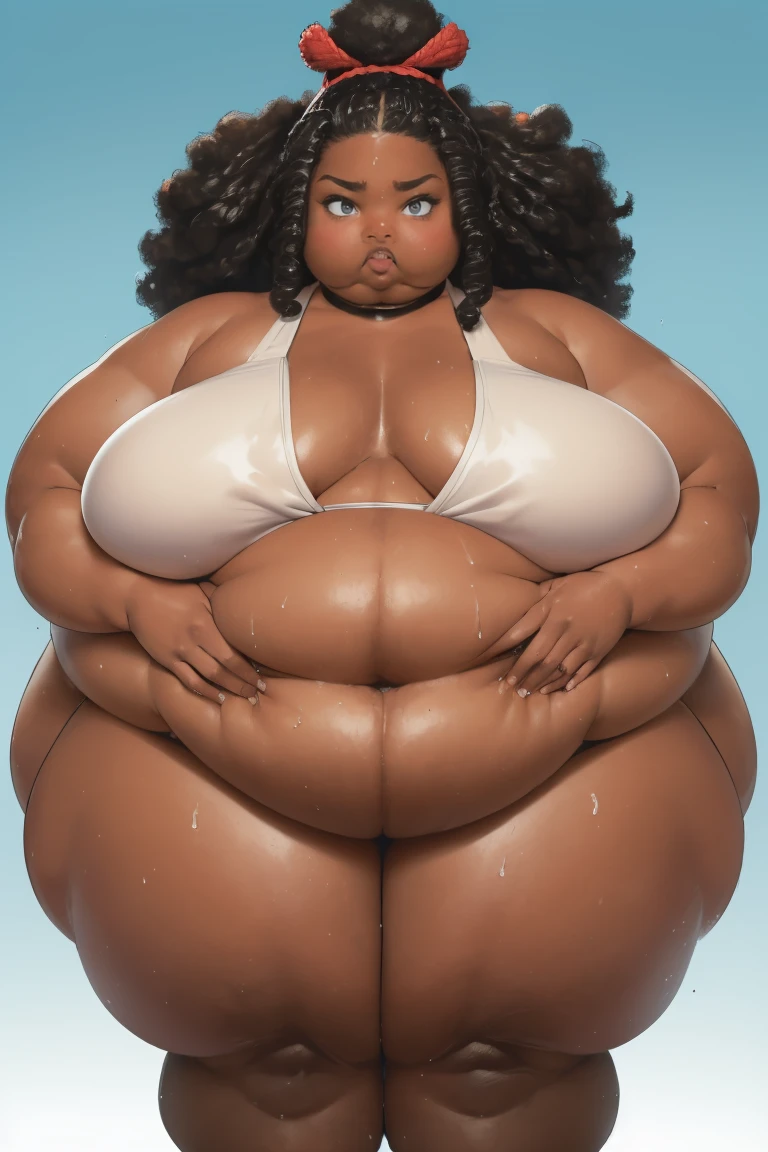 ((Black woman)), ((dark skinned woman)),((puffy Afro)), blue eyes, ((ssbbw)), ((obese)), ((morbidly obese)), ((nude)), ((mawashi)), ((red mawashi)), (sweaty), ((sumo mawashi))