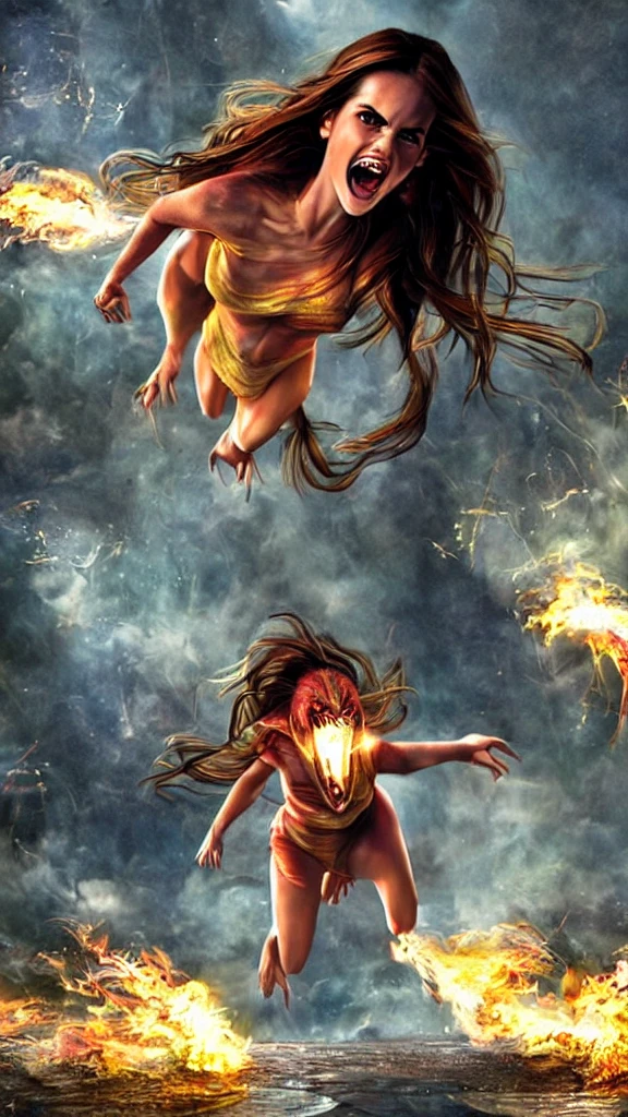 a beautiful girl with long brown hair, emma Watson, screaming in terror, transforming into a dragon, city street, t-shirt, jeans, clothes ripping, photo-realistic, intricate details, dramatic lighting, dark fantasy, cinematic, highly detailed, 8k, award winning, masterpiece, transformation, best quality