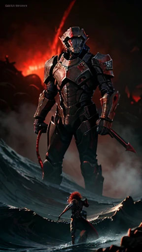 Doom Slayer looking at the horizon at a huge wave of demons coming towards the, dark fantasy style, crimson atmosphere 