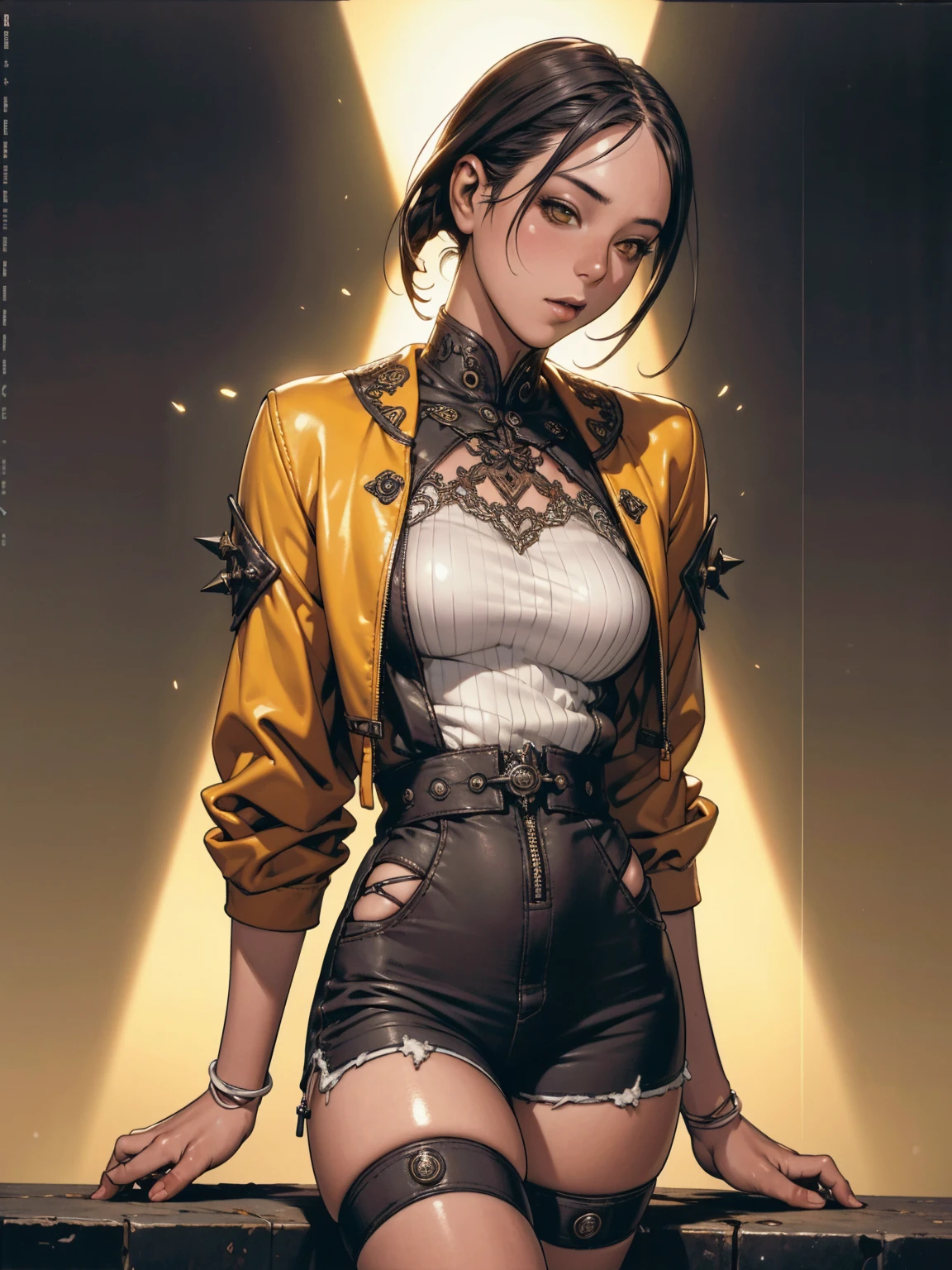 1 woman, Pretty Caucasian (female), Sarah Shahi, a slim but muscular body, huge breasts, dark brown messy hair, blue eyes, (A blush-colored, off-the-shoulder sweater), (short sexy black skirt), (gold hoop earrings and a floral hairpin), (standing, sensual pose), (gradient background:1.4), night, full body shot, sexy look, seductive posture, skimpy, exposed thighs, full body view, in club,