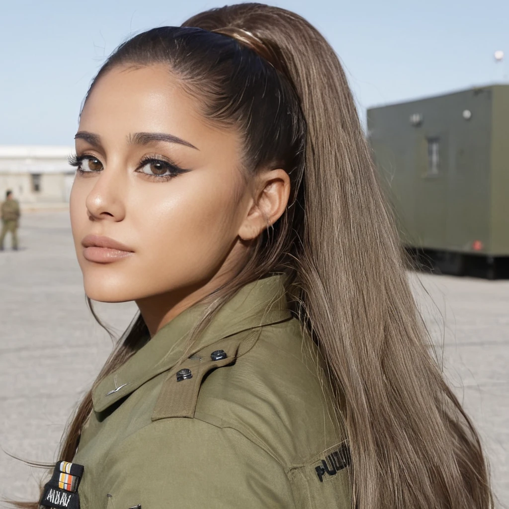 Hyperrealistic art close-up photo of 4r1ana a woman., by rubio, Looking directly at the viewer, eye contact, wearing a military uniform, on a military base, long loose hair, . Extremely high resolution details, photographic, Realism taken to the extreme, fine texture, incredibly realistic