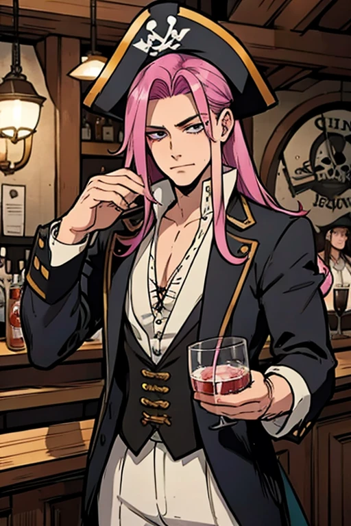 A handsome pink haired man with violet eyes with long hair in a pirate's uniform is drinking at a bar  in a pirate city