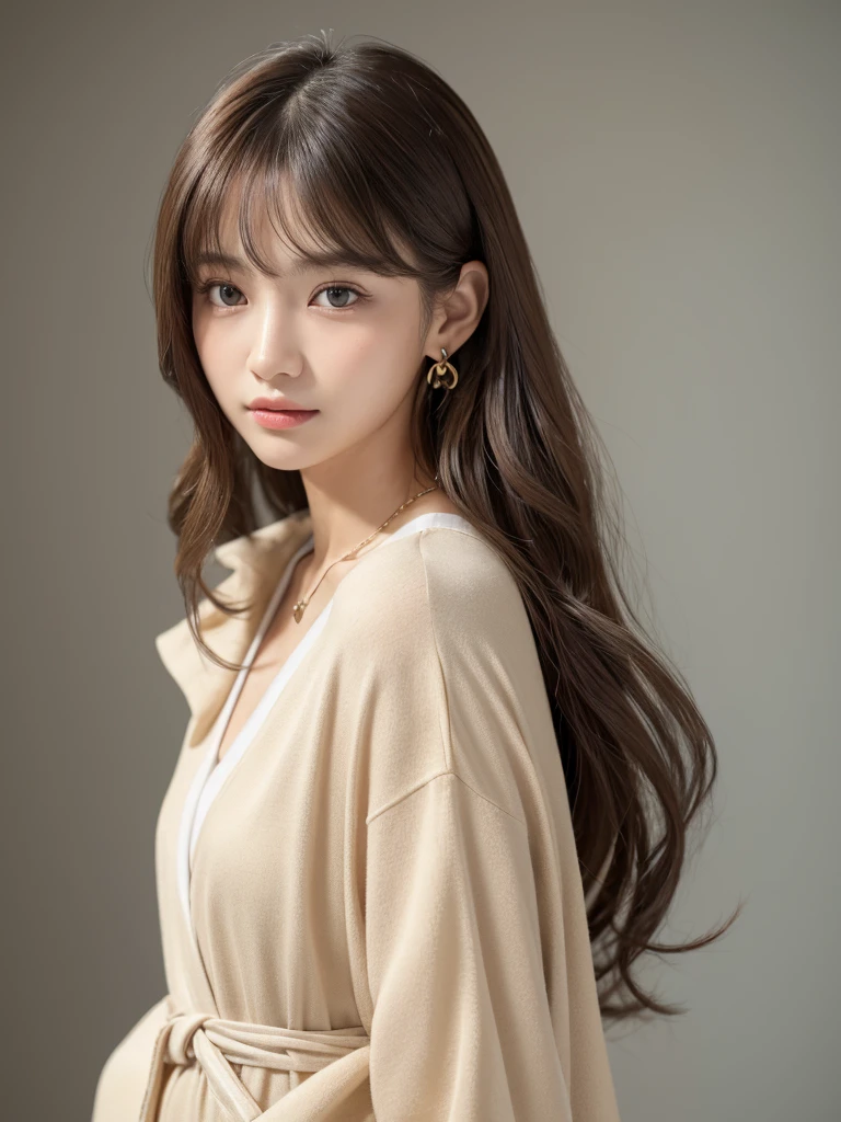  ((Highest quality, 8K, masterpiece:1.3)), concentrate: 1.2, Perfect body beauty: 1.4, Hips: 1.2, ((Long Hair, chest: 1.2)), (Dry clothes: 1.1) , (clear, Simple Background:1.3), Simple clothes: 1.1, Highly detailed face and skin texture,Delicate eyes, double eyelid, Whitened skin, Rough skin、Long Hair、Earrings with bangs、necklace、 solo、Beige coat、White shirt,  (((Beautiful girl with cute Japan)))、  ((Beautiful Japanese girl 20 years old))、 ((Baby Face))、 (((Slender body)))、  Upper Body，Face focus、necklace，Simple Background，From above， Realistic Hair、 A photograph was taken:Canon EOS R6、135mm、1/1250 seconds、f2.8、ISO400、(Detailed explanation of the hand)、(Masseter muscle area)、(Exquisite CG)、Long Hair, loose and curly hair、Korean Hair、Long Hair明るいベージュ色、グラデーションハイライトグレージュのゆるふわLong Hairスタイル、