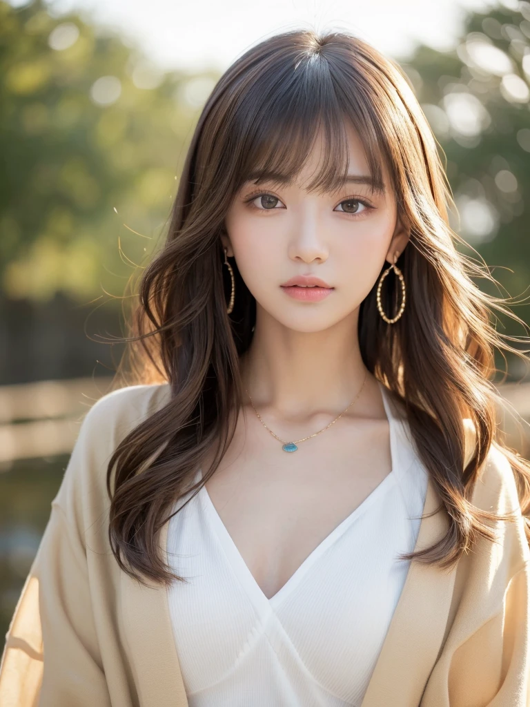 ((Highest quality, 8K, masterpiece:1.3)), concentrate: 1.2, Perfect body beauty: 1.4, Hips: 1.2, ((Long Hair, chest: 1.2)), (Dry clothes: 1.1) , (clear, Simple Background:1.3), Simple clothes: 1.1, Highly detailed face and skin texture,Delicate eyes, double eyelid, Whitened skin, Rough skin、Long Hair、Earrings with bangs、necklace、 solo、Beige coat、White shirt, (((Beautiful girl with cute Japan)))、 ((Beautiful Japanese girl 20 years old))、 ((Baby Face))、 (((Slender body)))、 Upper Body,Face focus、necklace,Simple Background,From above, Realistic Hair、 A photograph was taken:Canon EOS R6、135mm、1/1250 seconds、f2.8、ISO400、(Detailed explanation of the hand)、(Masseter muscle area)、(Exquisite CG)、Long Hair, loose and curly hair、Korean Hair、Long Hair明るいベージュ色、グラデーションハイライトグレージュのゆるふわLong Hairスタイル、