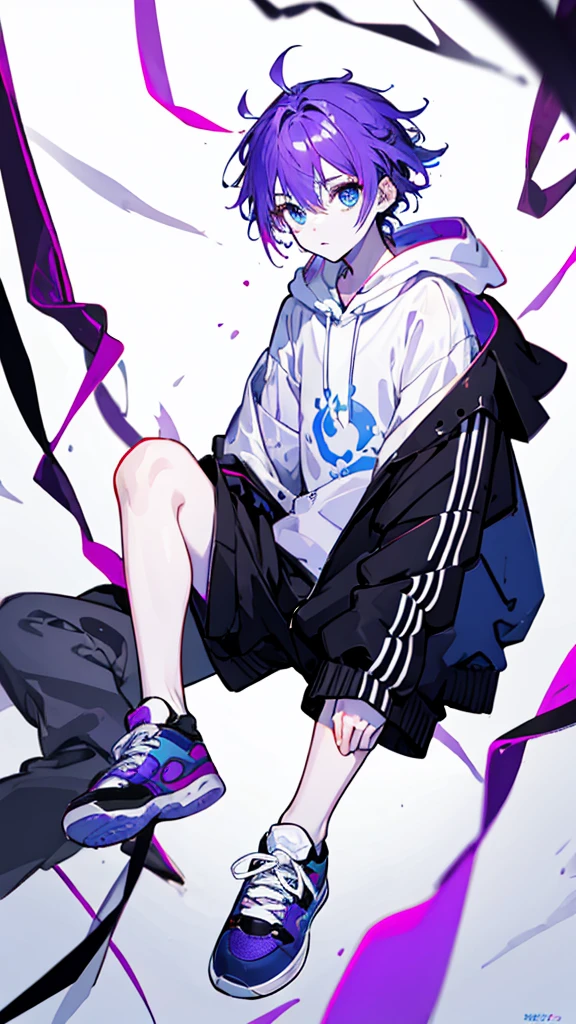 ((Highest quality)), ((masterpiece)), ((1 person)),Perfect Face、male、Purple hair color、Light blue eyes、Very short hair、vocal、pale colour、whole body、Wear sneakers、No background、Wear a black hoodie