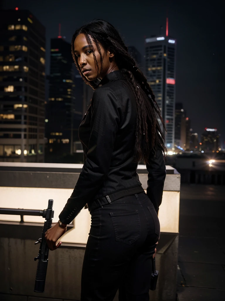 8k, RAW photo, best quality, ultra high resolution, photorealistic, realistic photo of skinny ebony girl john wick, (skinny ebony girl john wick, 20 years old, most beautiful ebony girl in the world, dark skin, black hair, dreadlocks hair, dreadlocks), in the city downtown, modern skyscrapers, bright moonlight, (full body picture), (photo from the side), standing posing for picture, holding a gun, gun, wearing (john wick costume), (looking at viewer), fierce look, menace, High Detail, Sharp focus, bright light