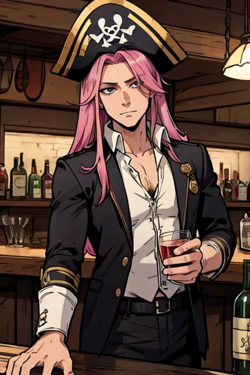 A handsome pink haired man with violet eyes with long hair in a pirate's uniform is drinking at a bar in a pirate city
