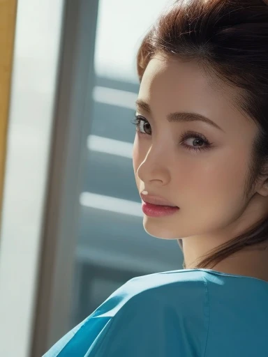 1 Girl,(Wearing white nurse clothes:1.2),(RAW Photos, Highest quality), (Realistic, photo-Realistic:1.4), masterpiece, Very delicate and beautiful, Very detailed, 2k wallpaper, wonderful, finely, Very detailed CG unity 8k wallpaper, Very detailedな, High resolution, Soft Light, Beautiful detailed girl, Very detailed eyes and face, Beautiful and detailed nose, finely beautiful eyes, nurse, Perfect Anatomy, Black Hair, Upstyle, nurse uniform, ((nurse cap)), Long skirt, nurse, White costume, thin, hospital, clear, White Uniform, hospital room, Neck auscultation,Close your face,Upper Body Shot