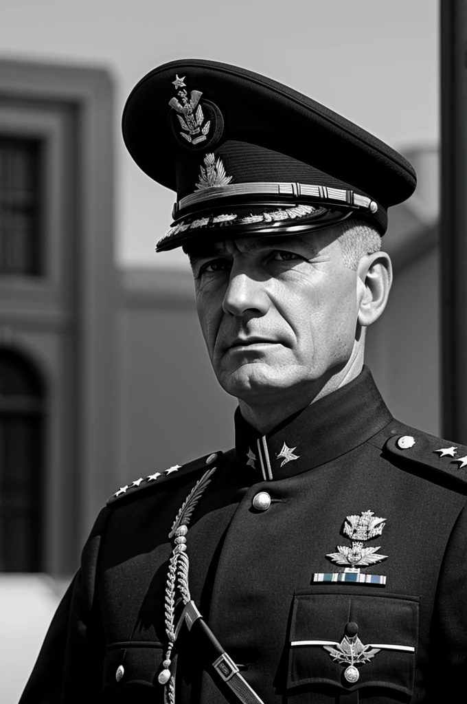 Na imagem, vemos um veterano de guerra de 50 anos, wearing a worn-out military uniform from the 1920s. Seu uniforme exibe sinais claros de uso e envelhecimento, com manchas, rasgos e costuras desgastadas. The soldier sports several medals of honor on his chest, symbols of his courage and bravery during military service.

The veteran's face bears deep marks of lived experiences. His troubled gaze reflects the painful memories of the battlefield and the challenges faced. The wrinkles on his forehead tell stories of struggles and sacrifices, while his eyes reveal a mixture of sadness and resilience.

The image is filtered and edited to convey an antiquity effect. Colors are smoothed, featuring sepia and faded tones, similar to photographs of the time. The surrounding scenery consists of a wall of worn bricks, suggesting a military environment in the context of the 1920s.

Despite the wear and tear and tired appearance of the uniform, The veteran maintains a proud stance, As if his determination and courage were still present. Segurando firmemente um capacete de guerra, His hands show scars from past battles, symbols of the strength he carries with him.

This ancient and striking image tells the story of a war veteran, com todos os seus altos e baixos, and reminds us of the price paid by those who served and protected their country during this historic time.