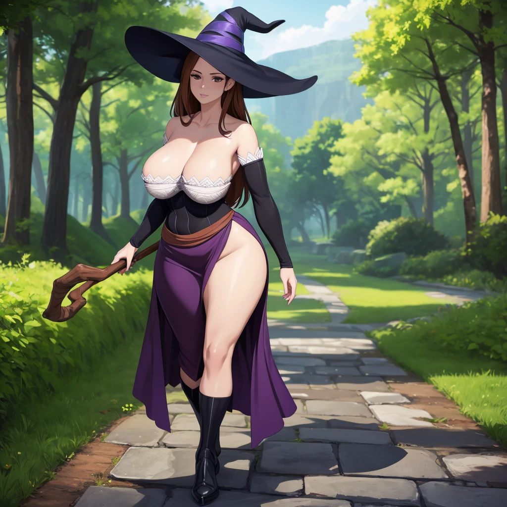 A woman wearing a classic witch's tunic, purple skirt, classic witch's hat, brown hair, long hair, brown eyes, large breasts,  shoulder,  thigh, voluptuous thigh, black heels, holding a magic staff, walking on a wooden sidewalk. concrete, wide view of a field with grass and some trees, fantasy aesthetics.UHD, masterpiece, accurate, anatomically correct, textured skin, super detail, high quality, best quality, 8k, high resolution, bokeh effect. (woman alone)

