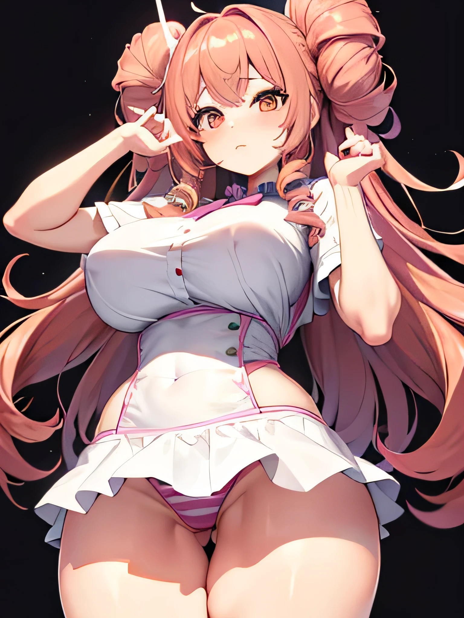 Anime girl, thick and curvy, long curly brown hair with bangs, brown eyes, pastel coquette aesthetic
