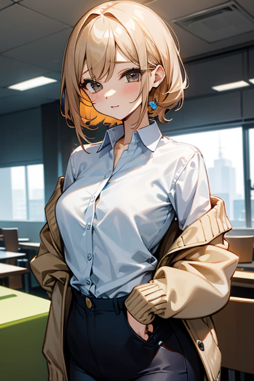 beautiful girl、Office Casual Fashion、ノースリーブのパーカー、チョーカー、ハンドカバー、Tight pants style、slender、Model Body Type、Ideal Style、 Slim and cute、No buttons、Put on a bolero、One off-the-shoulder brown cardigan、ぱつぱつのシャツ