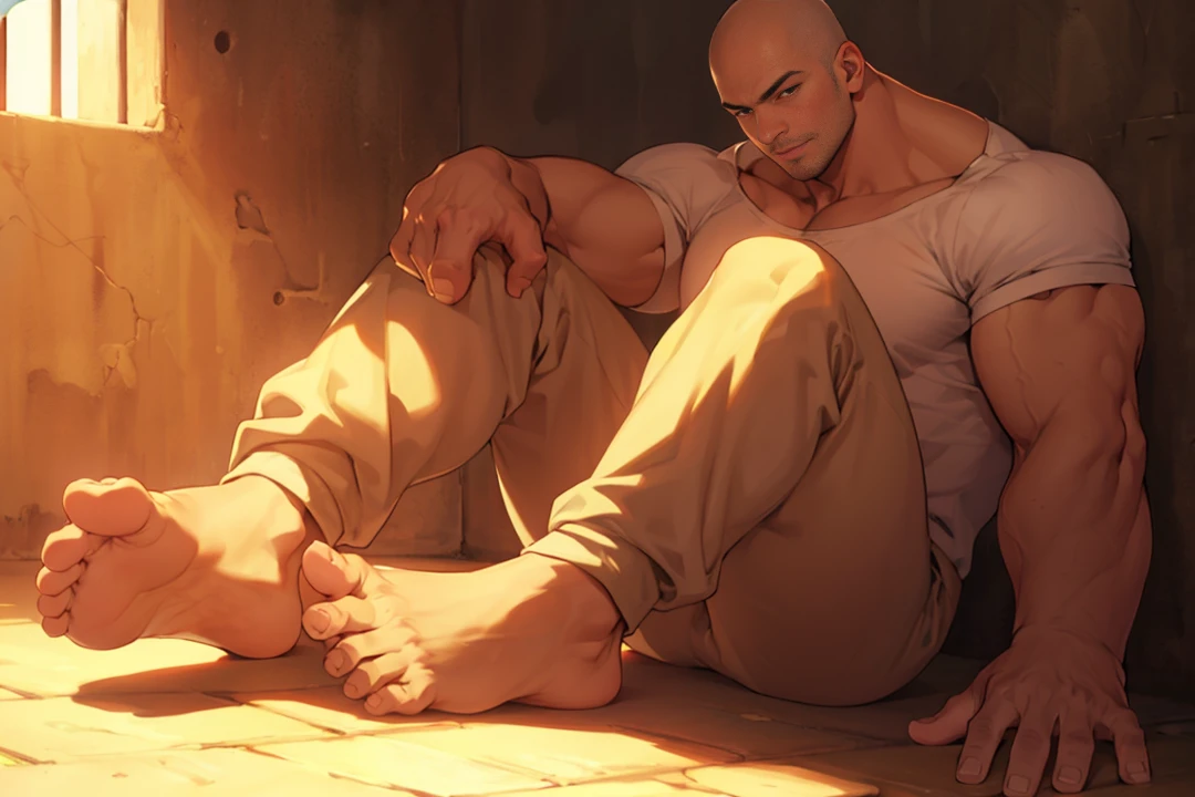 BaldAbdominal musclesPrisonerTeenage handsome boySole of foot,Sitting on the prison cell floor,Bald male around 20 years old,prison,Sole of foot,Abdominal muscles,