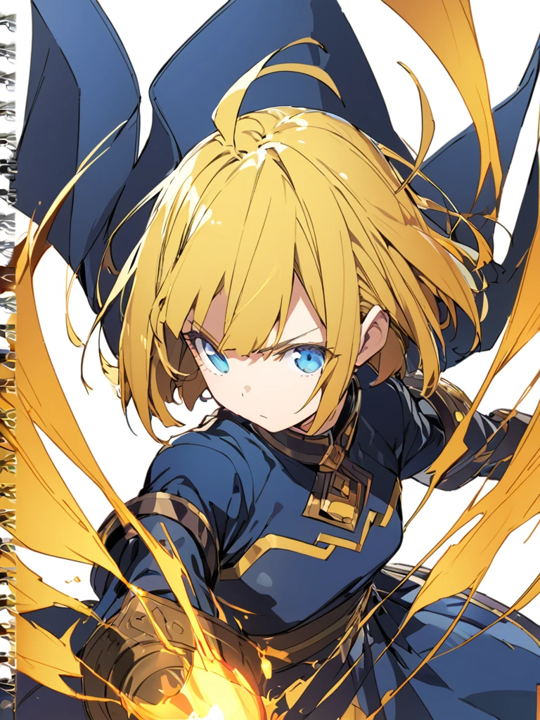 A girl fighting with golden flames(Sketches), (Open Close), (Small body), (Blonde:1.5） (Short Bob Hair:1.4), (Blue eyes)輝く炎
