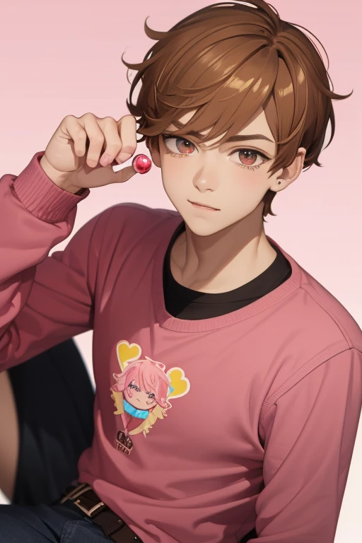 Gumball Handsome 18 year old boy with blonde brown hair, with a pink streak, light skin, pierced ears, honey brown eyes, open pink sweatshirt, black shirt with a candy castle print, black belt, red jeans, looking directly at the viewer on a white background.