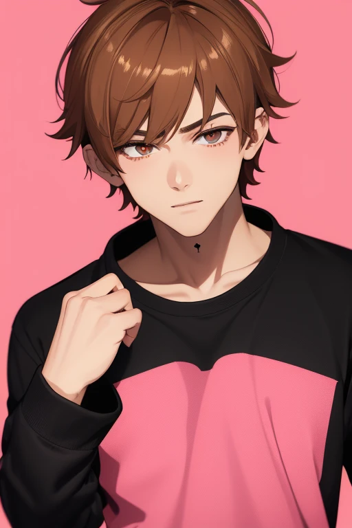 Gumball Handsome 18 year old boy with blonde brown hair, with a pink streak, light skin, pierced ears, honey brown eyes, open pink sweatshirt, black shirt with a candy castle print, black belt, red jeans, looking directly at the viewer on a white background.