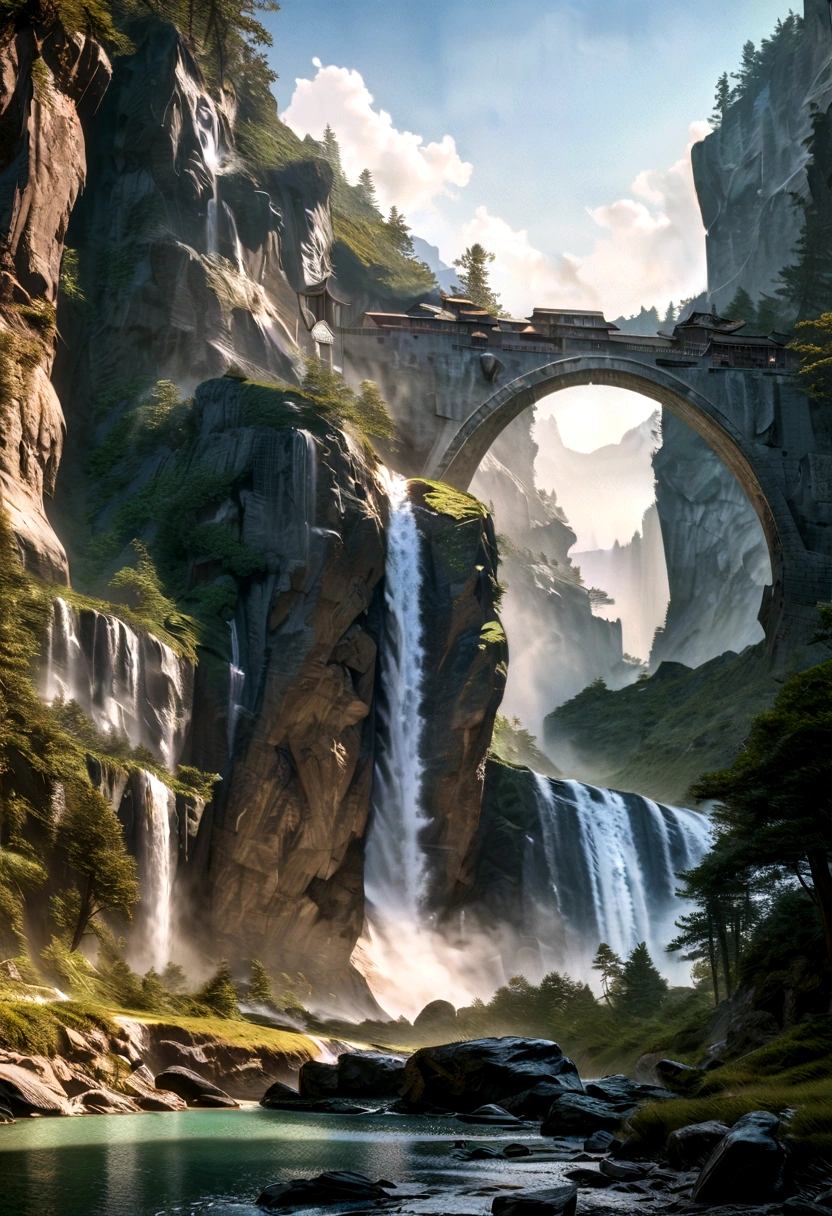 a cliff overlooking a waterfall, several arch-shaped stones at the top, 8k matte painting, 8K gray ink, 8k vertical wallpaper, 8k vertical wallpaper, 4k vertical wallpaper, 4k vertical wallpaper, Lost series, realistic fantasy rendering, Digital painting with 8k resolution, Digital painting with 8k resolution, Fantasy art by Jessica Rossier, Matte painting rendered in 4K, 3d rendered matte painting