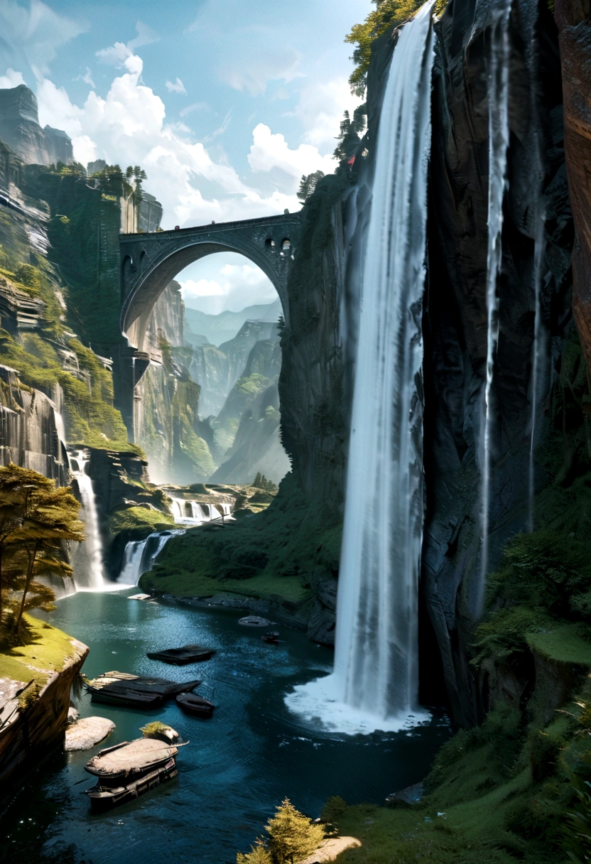 a cliff overlooking a waterfall, several arch-shaped stones at the top, 8k matte painting, 8K gray ink, 8k vertical wallpaper, 8k vertical wallpaper, 4k vertical wallpaper, 4k vertical wallpaper, Lost series, realistic fantasy rendering, Digital painting with 8k resolution, Digital painting with 8k resolution,  Fantasy art by Jessica Rossier, Matte painting rendered in 4K, 3d rendered matte painting  